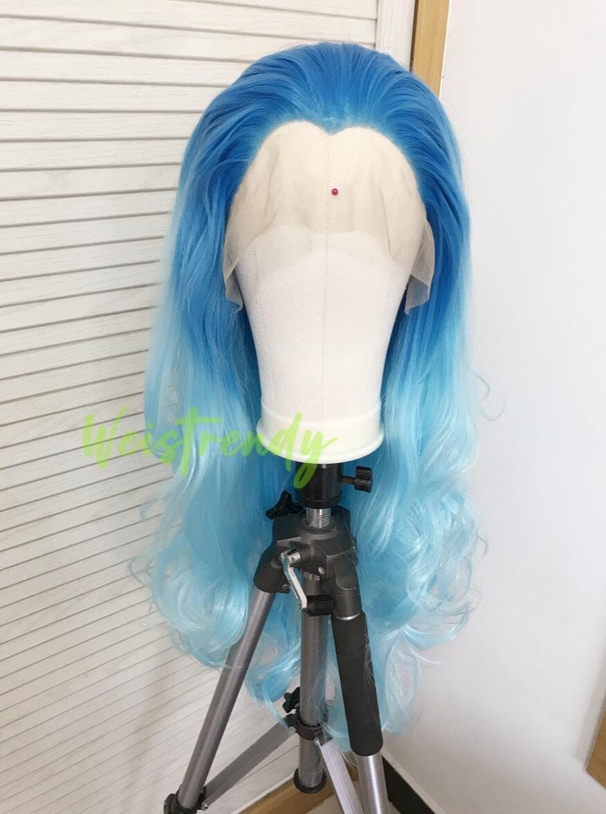 Medium Blue to Light Blue Ombré Long Curls Wavy Hair Wigs Premium Synthetic Lace Front Wigs Heat Freindly