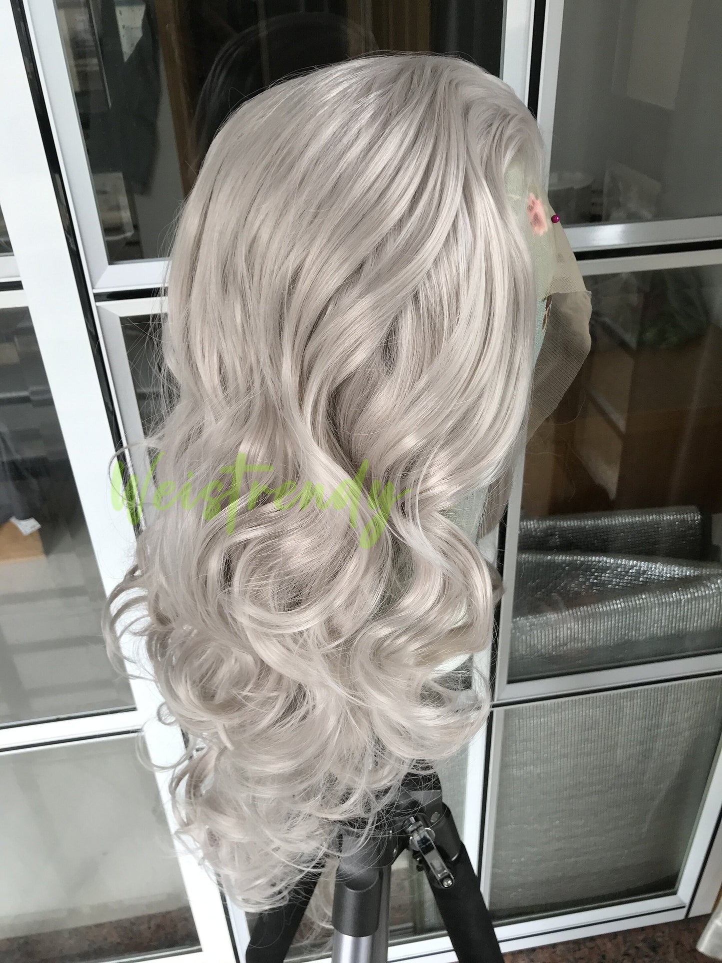 Ash Blonde Long Curls Waves Hair Synthetic Swiss Lace Frontal Wig Heat Safe Multi Part