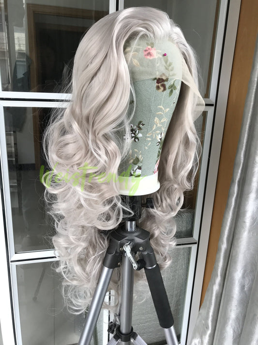 Ash Blonde Long Curls Waves Hair Synthetic Swiss Lace Frontal Wig Heat Safe Multi Part