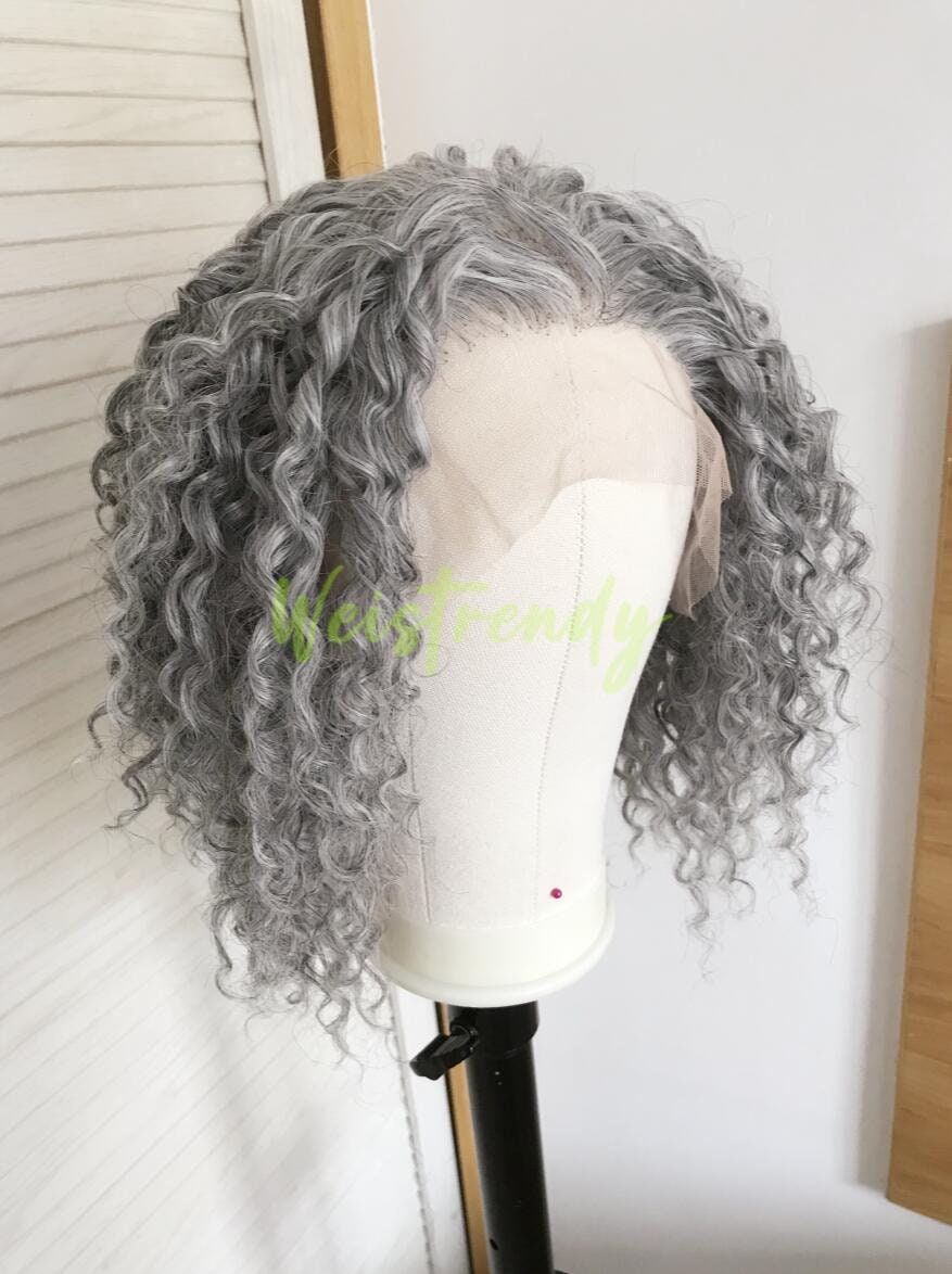Mixed Grey Blonde Short Curly Wavy Hair Wigs Synthetic Lace Frontal Wig Free Part