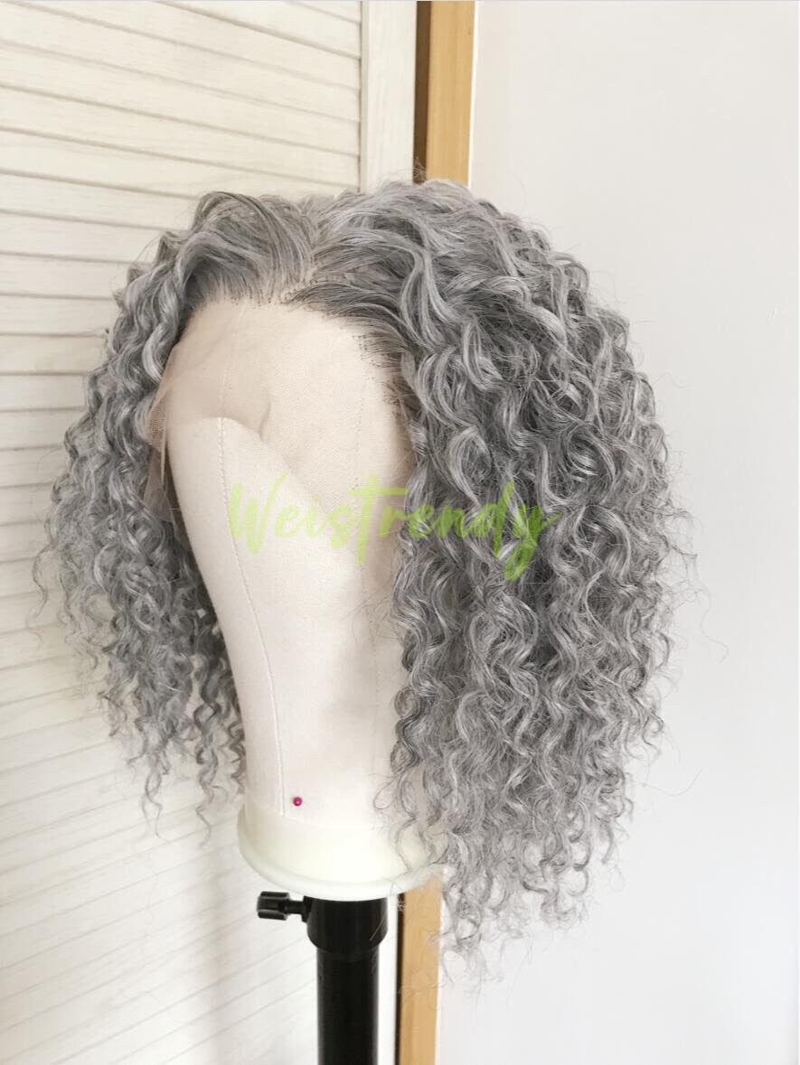 Mixed Grey Blonde Short Curly Wavy Hair Wigs Synthetic Lace Frontal Wig Free Part