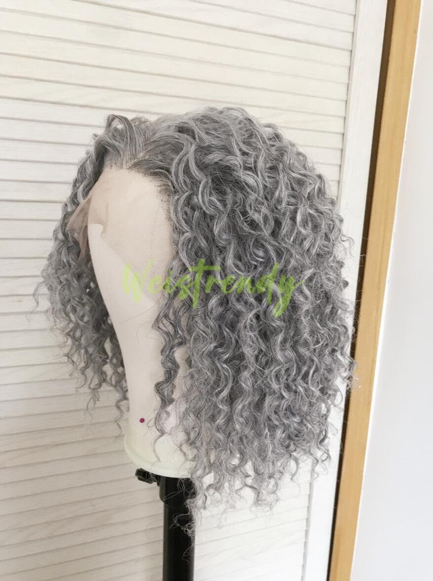 Mixed Grey Blonde Short Curly Wavy Hair Wigs Synthetic Lace Frontal Wig Free Part