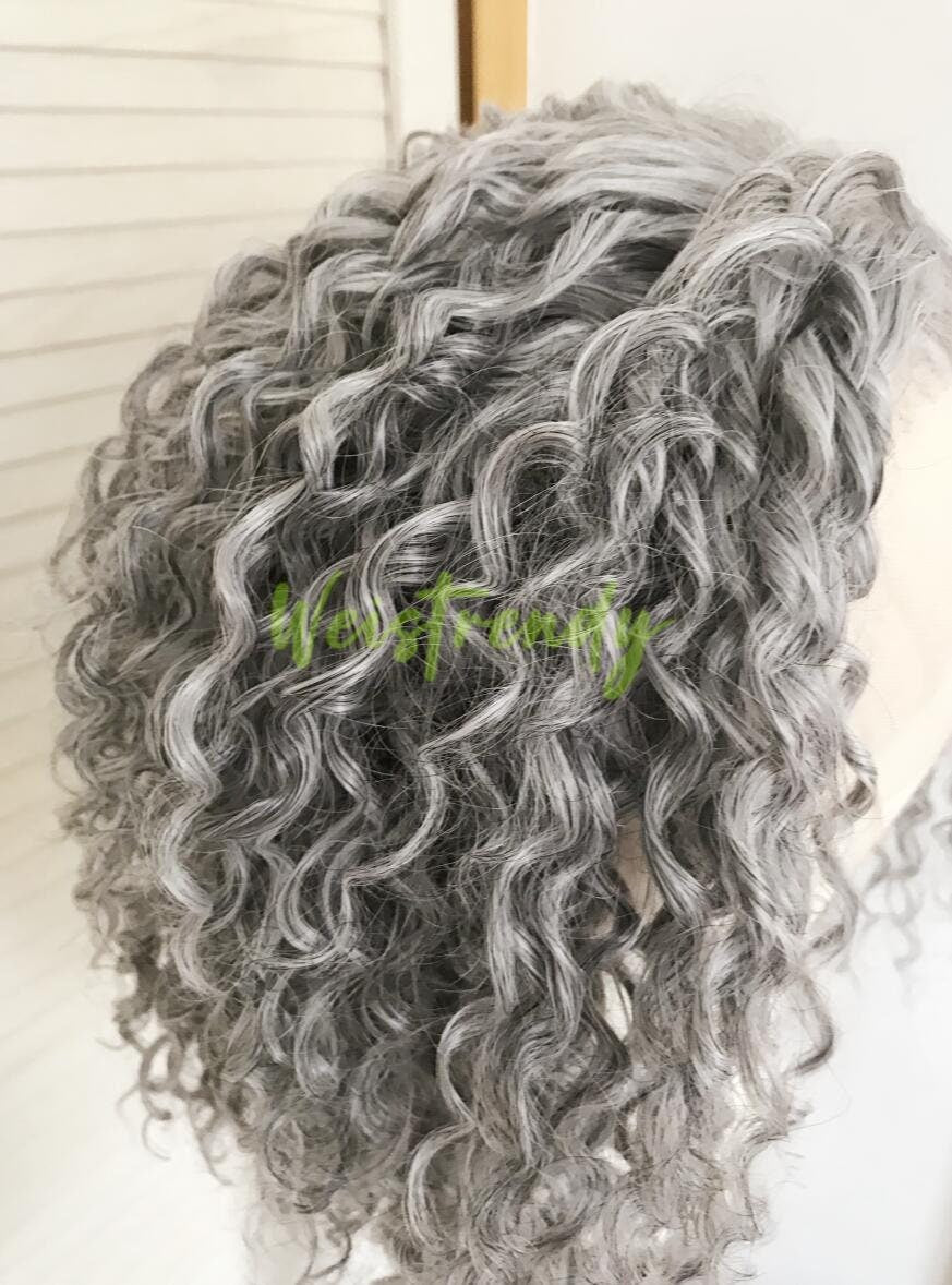 Mixed Grey Blonde Short Curly Wavy Hair Wigs Synthetic Lace Frontal Wig Free Part