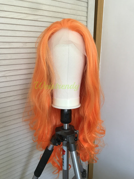 Orange Juice Bright Orange Ombre Long Wavy Hair Premium Synthetic Lace Frontal Wig Heat Safe