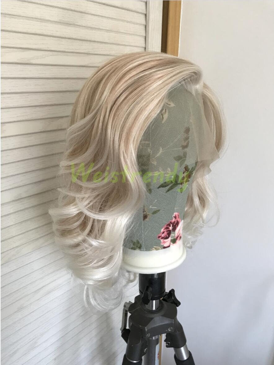 Mixed Blonde Ombre White Blonde Medium Length Curls Wavy Hair with White Frame | Premium Synthetic Lace Front Wig Free Part Heat Safe