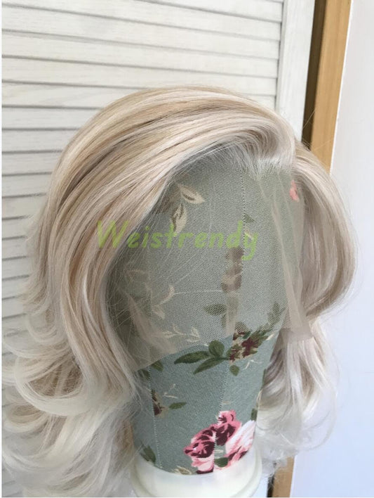 Mixed Blonde Ombre White Blonde Medium Length Curls Wavy Hair with White Frame | Premium Synthetic Lace Front Wig Free Part Heat Safe