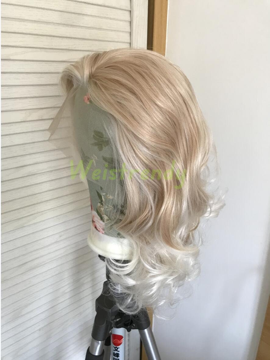 Mixed Blonde Ombre White Blonde Medium Length Curls Wavy Hair with White Frame | Premium Synthetic Lace Front Wig Free Part Heat Safe