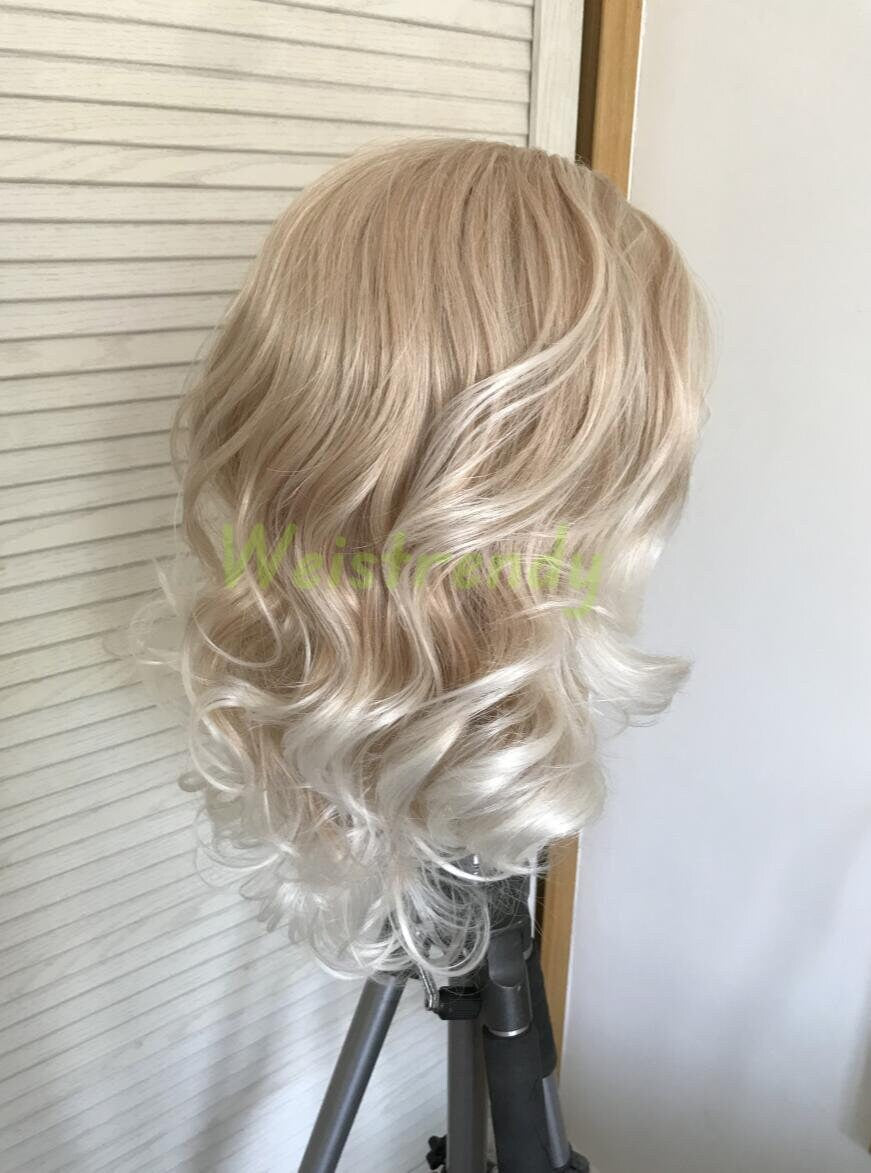 Mixed Blonde Ombre White Blonde Medium Length Curls Wavy Hair with White Frame | Premium Synthetic Lace Front Wig Free Part Heat Safe