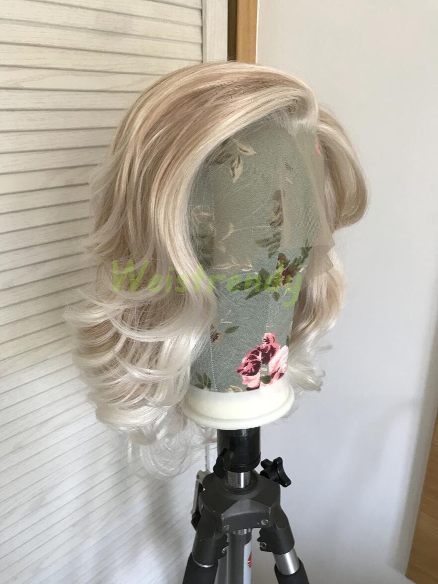 Mixed Blonde Ombre White Blonde Medium Length Curls Wavy Hair with White Frame | Premium Synthetic Lace Front Wig Free Part Heat Safe