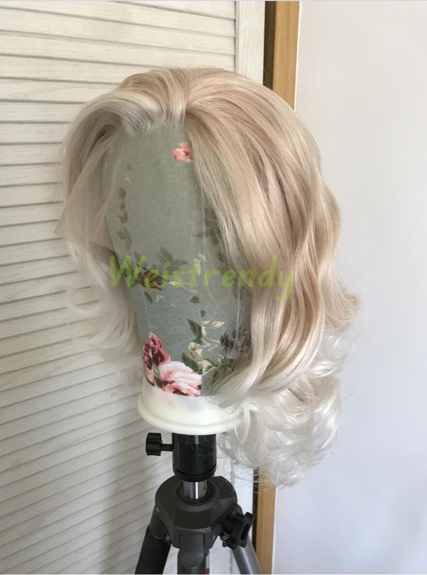 Mixed Blonde Ombre White Blonde Medium Length Curls Wavy Hair with White Frame | Premium Synthetic Lace Front Wig Free Part Heat Safe