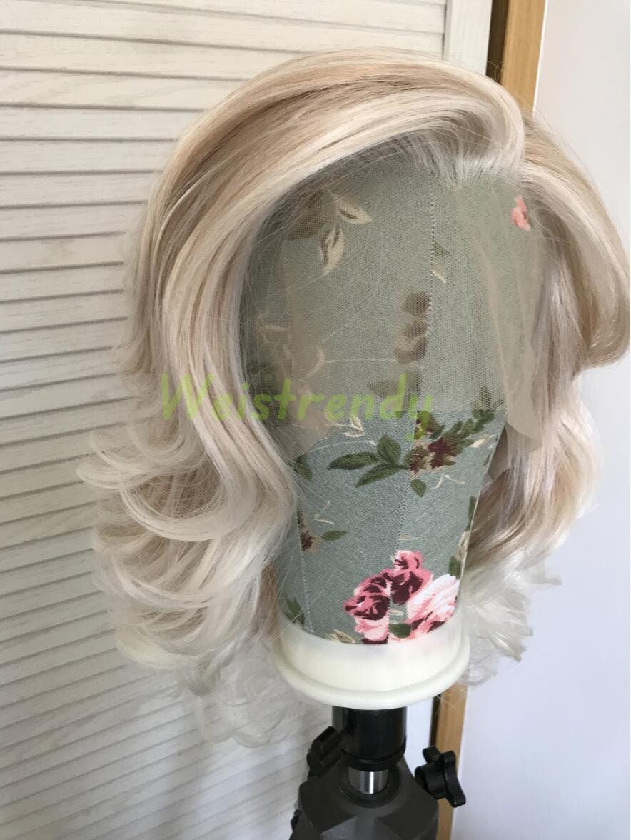 Mixed Blonde Ombre White Blonde Medium Length Curls Wavy Hair with White Frame | Premium Synthetic Lace Front Wig Free Part Heat Safe