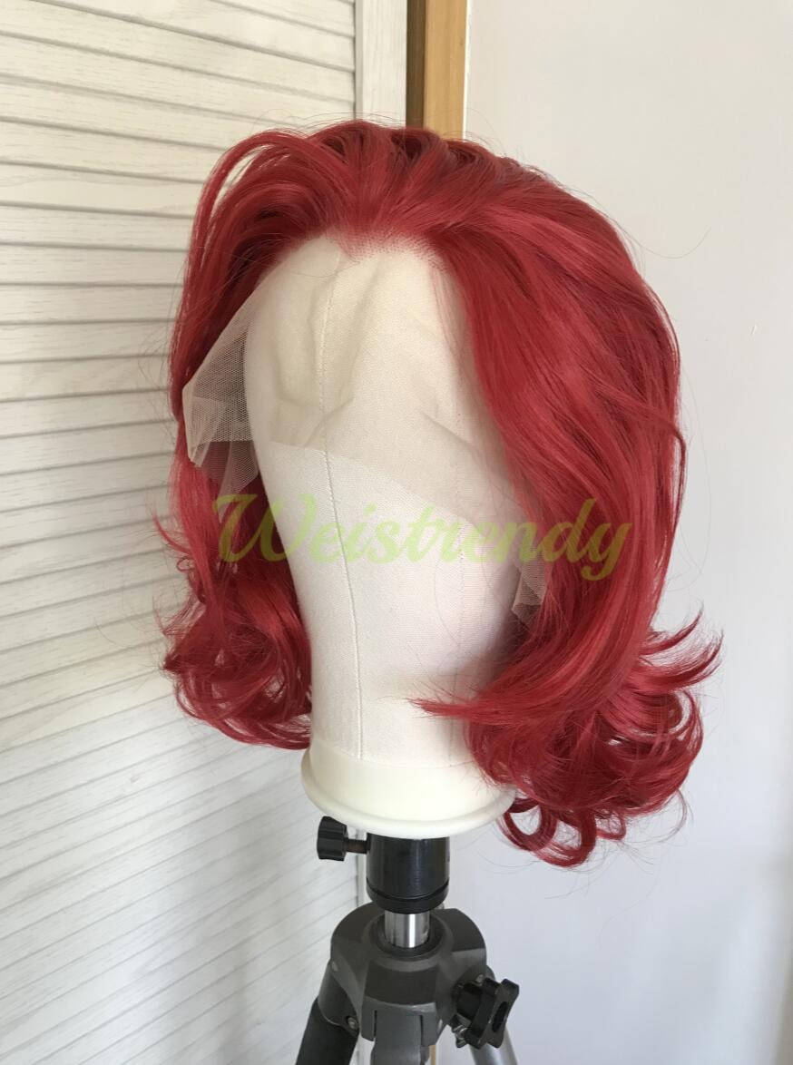 Dark Red Medium Length Curls Wavy Hair Synthetic Soft Swiss Lace Front Wig Heat Friendly