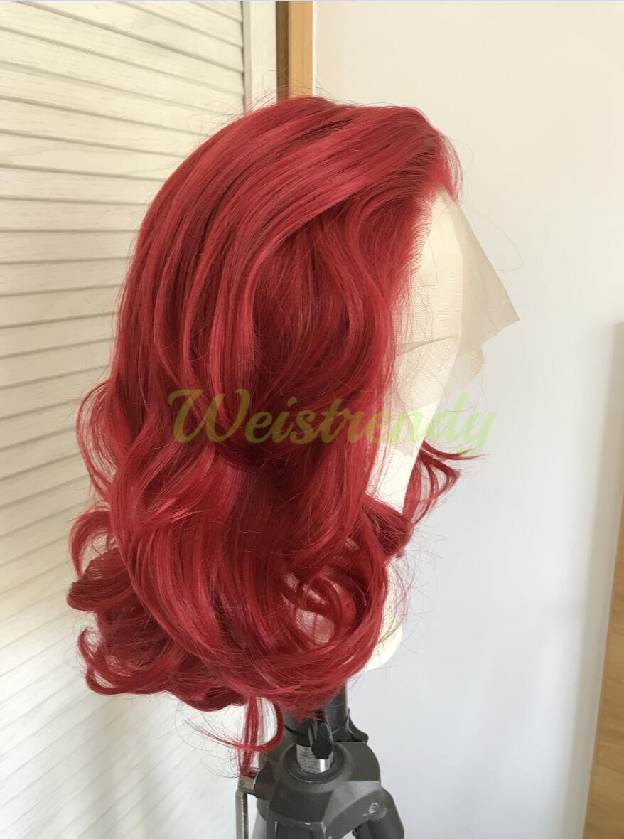 Dark Red Medium Length Curls Wavy Hair Synthetic Soft Swiss Lace Front Wig Heat Friendly