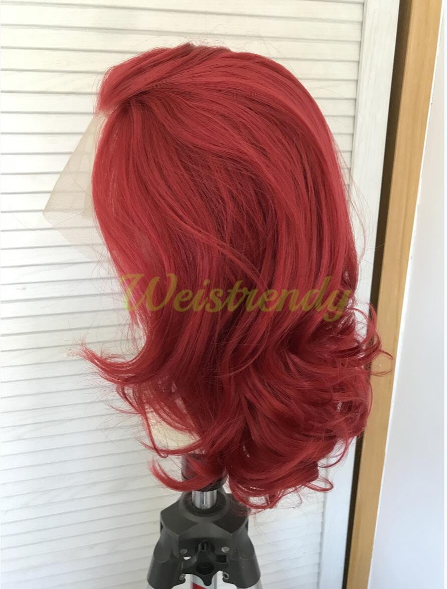 Dark Red Medium Length Curls Wavy Hair Synthetic Soft Swiss Lace Front Wig Heat Friendly