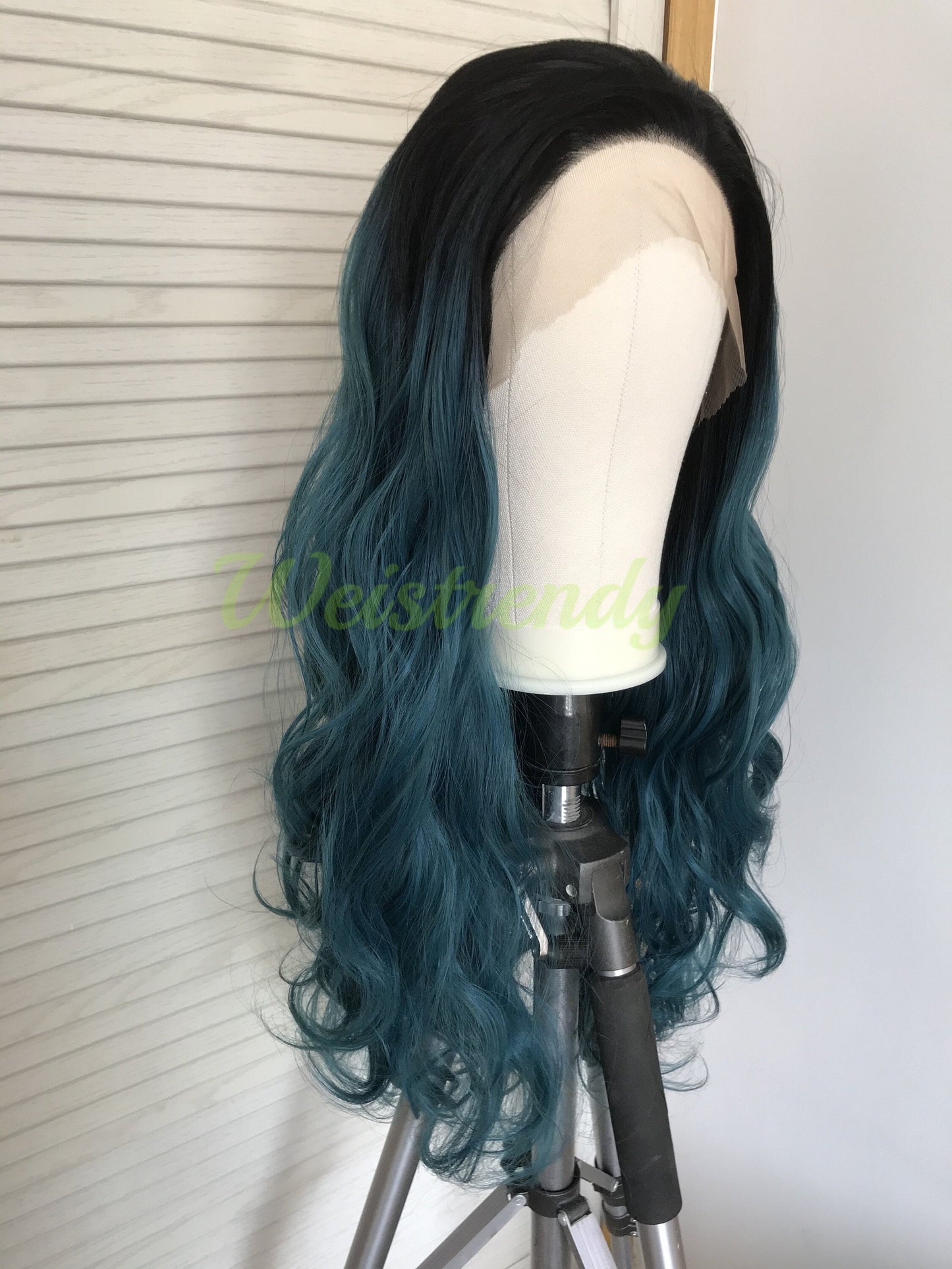 Black Root Mixed Green Blue Ombre Long Curls Wavy Hair Synthetic Lace Front Wig