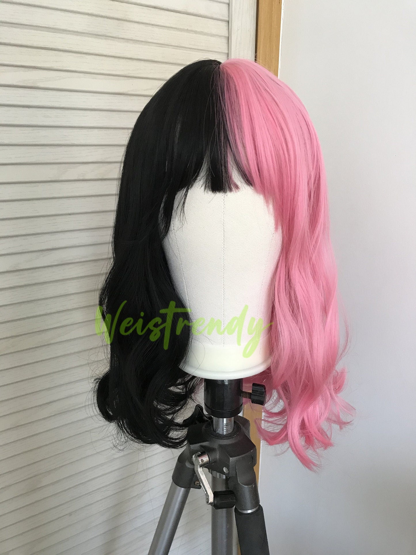 Half and Half Pink Black 16in Body Wave Hair Premium Synthetic No Lace Wig with Bangs Heat Ok