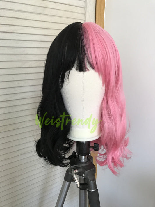 Half and Half Pink Black 16in Body Wave Hair Premium Synthetic No Lace Wig with Bangs Heat Ok