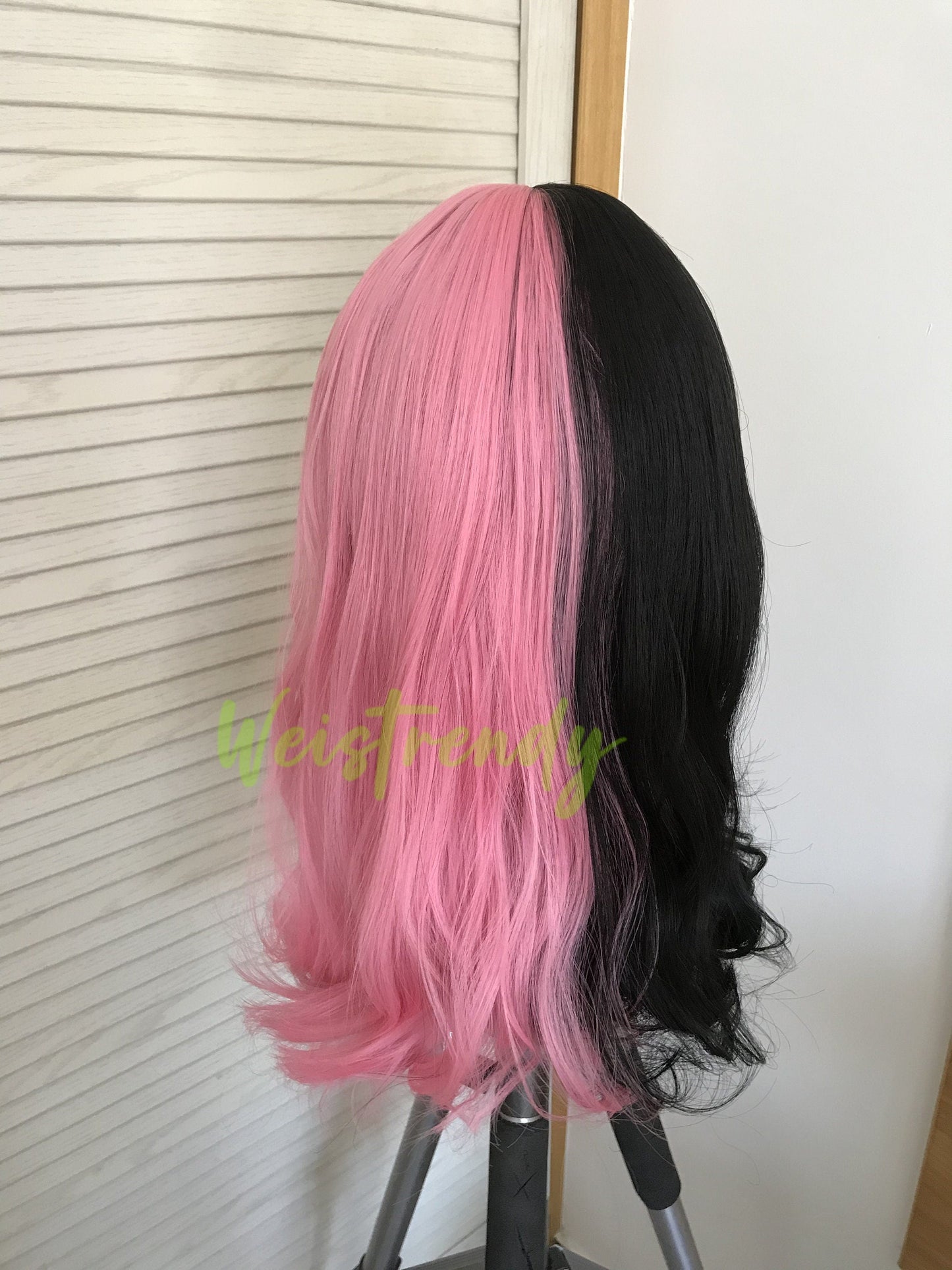 Half and Half Pink Black 16in Body Wave Hair Premium Synthetic No Lace Wig with Bangs Heat Ok