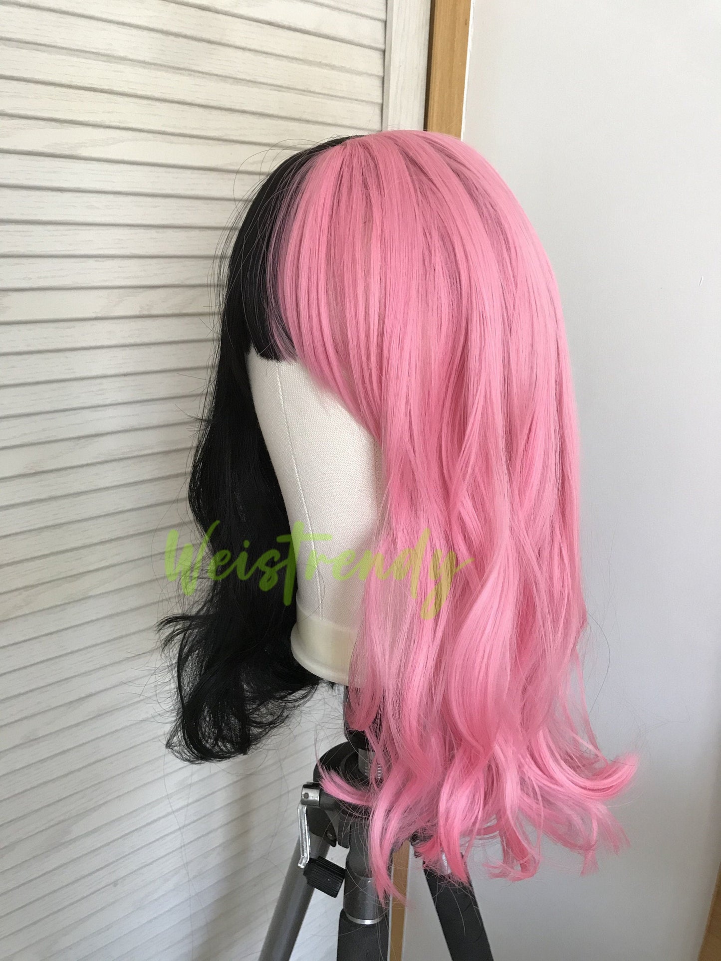 Half and Half Pink Black 16in Body Wave Hair Premium Synthetic No Lace Wig with Bangs Heat Ok