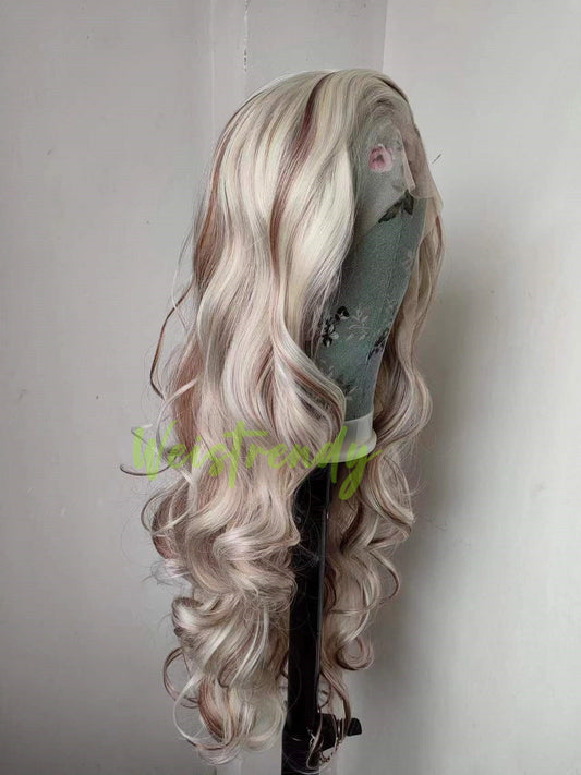 Mixed Blonde Brown Long Curls Wavy Wigs Premium Synthetic Fibre Heat Safe Glueless Lace Frontal Wig