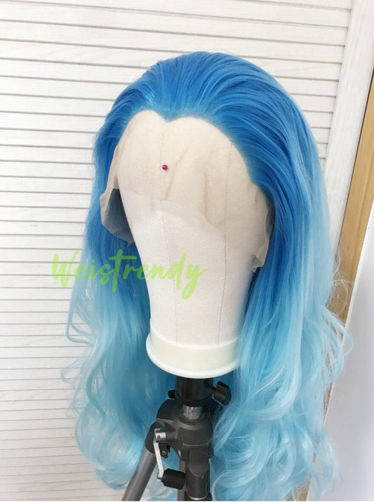 Medium Blue to Light Blue Ombré Long Curls Wavy Hair Wigs Premium Synthetic Lace Front Wigs Heat Freindly