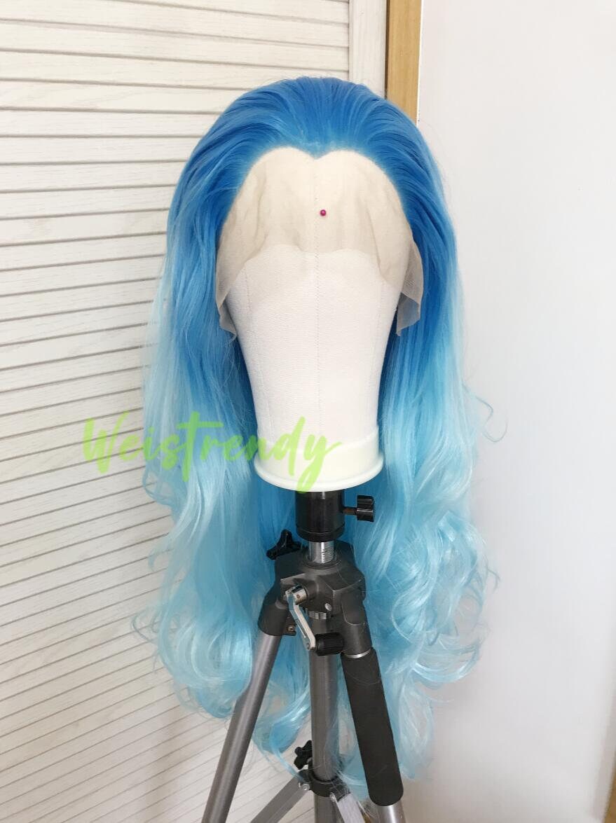 Medium Blue to Light Blue Ombré Long Curls Wavy Hair Wigs Premium Synthetic Lace Front Wigs Heat Freindly