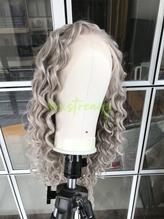 Ash Blonde Long Ring Curls Wigs Premium Synthetic Fibre Heat Safe Glueless Lace Frontal Wig