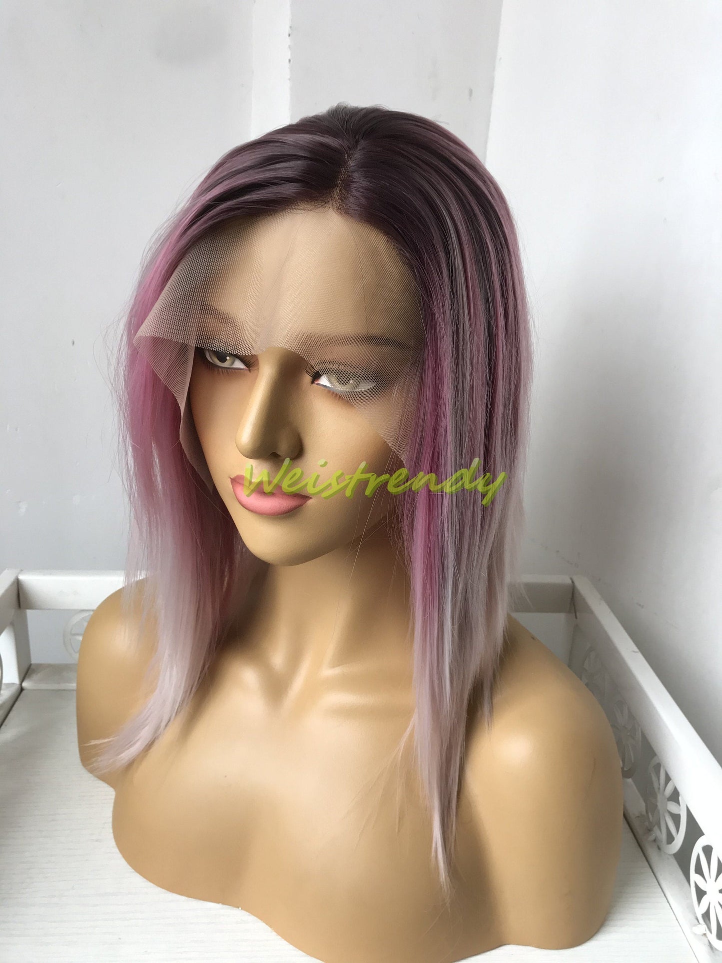 Rooted Blush Pink OmbreShort Straight Hair Premium Synthetic Lace frontal Wig Heat Safe Side Parting