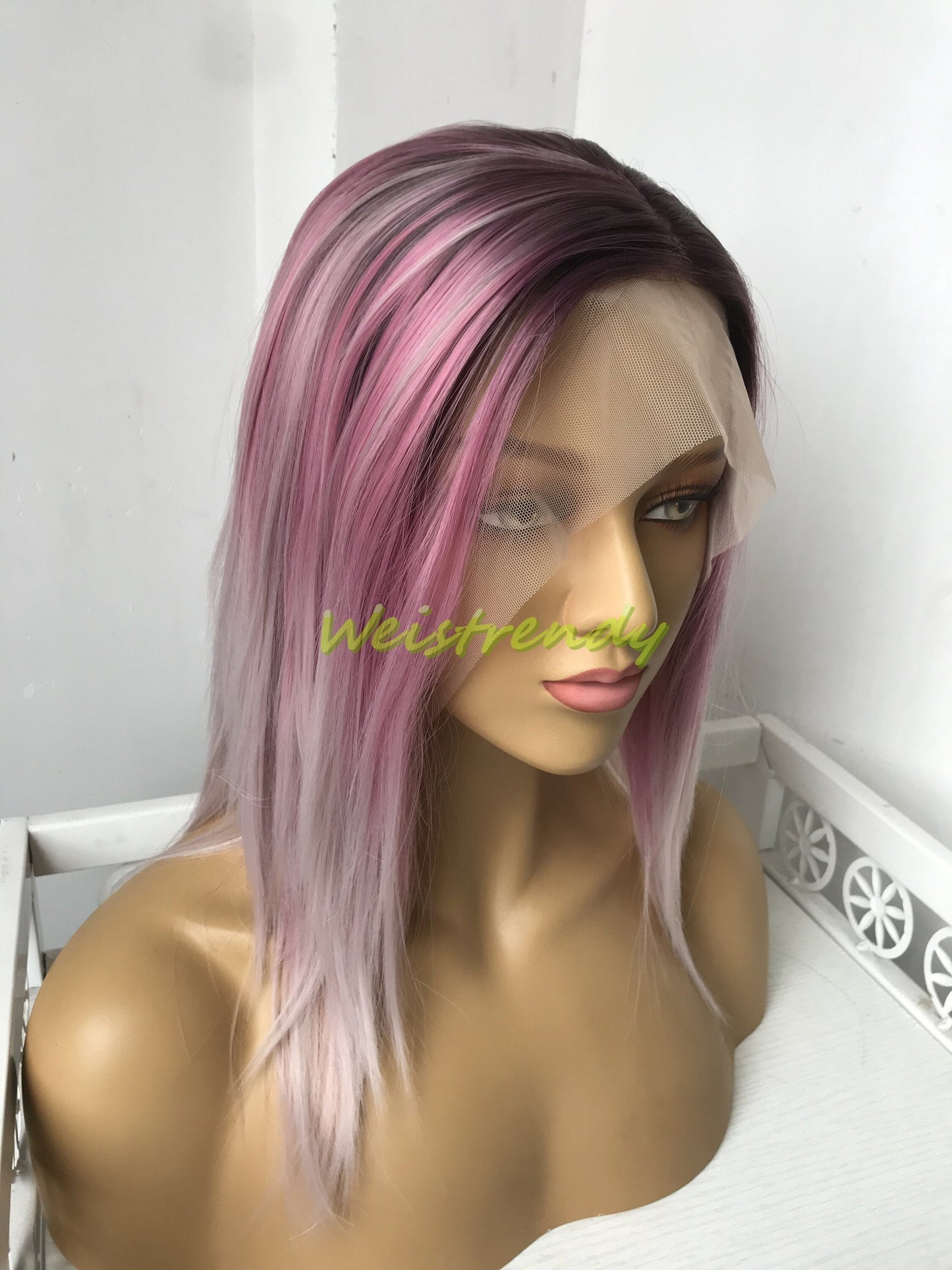 Rooted Blush Pink OmbreShort Straight Hair Premium Synthetic Lace frontal Wig Heat Safe Side Parting