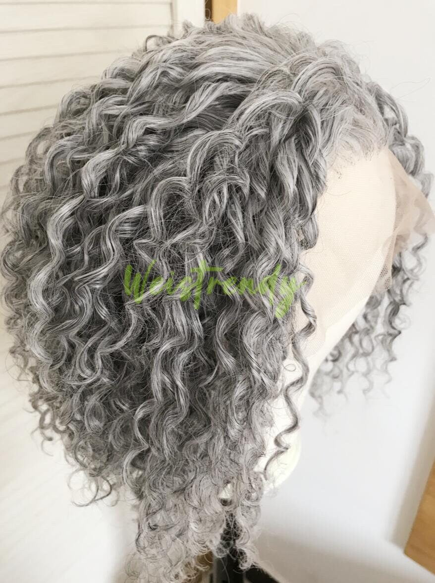 Mixed Grey Blonde Short Curly Wavy Hair Wigs Synthetic Lace Frontal Wig Free Part