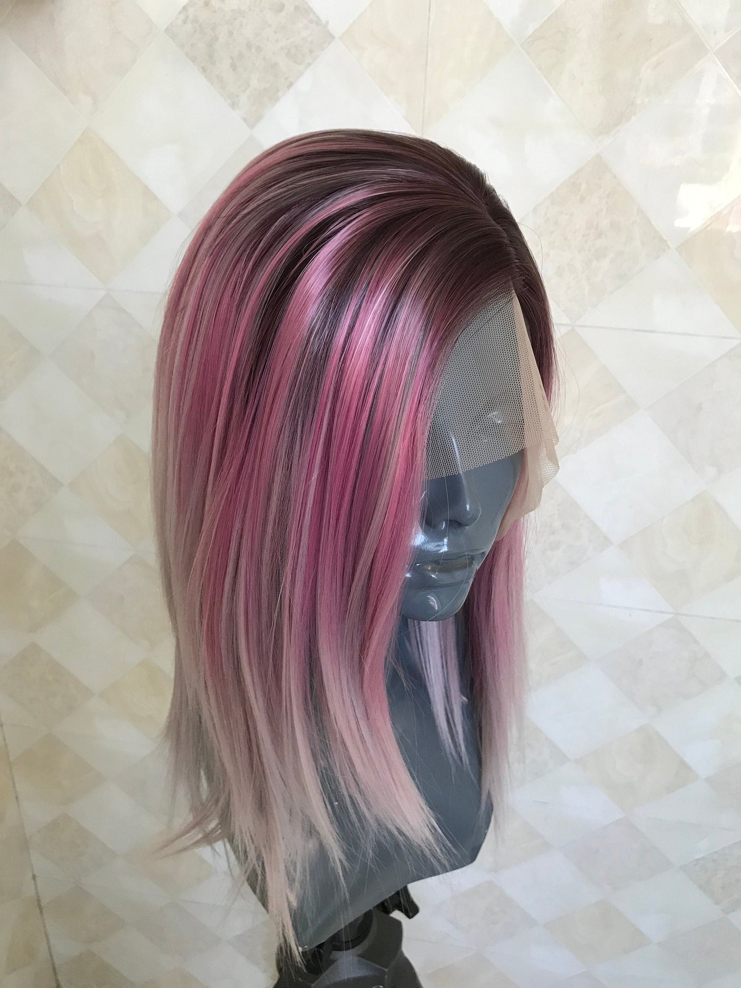 Rooted Blush Pink OmbreShort Straight Hair Premium Synthetic Lace frontal Wig Heat Safe Side Parting