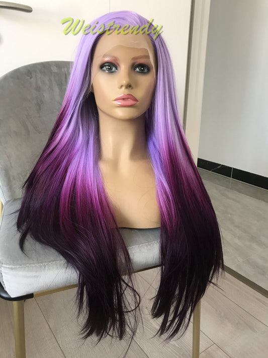 Inspired by Morning Glory Lilac into Dark purple Ombre Wigs Long Straight hairstyle wigs Synthetic Swiss Lace frontal Wigs Heat Safe