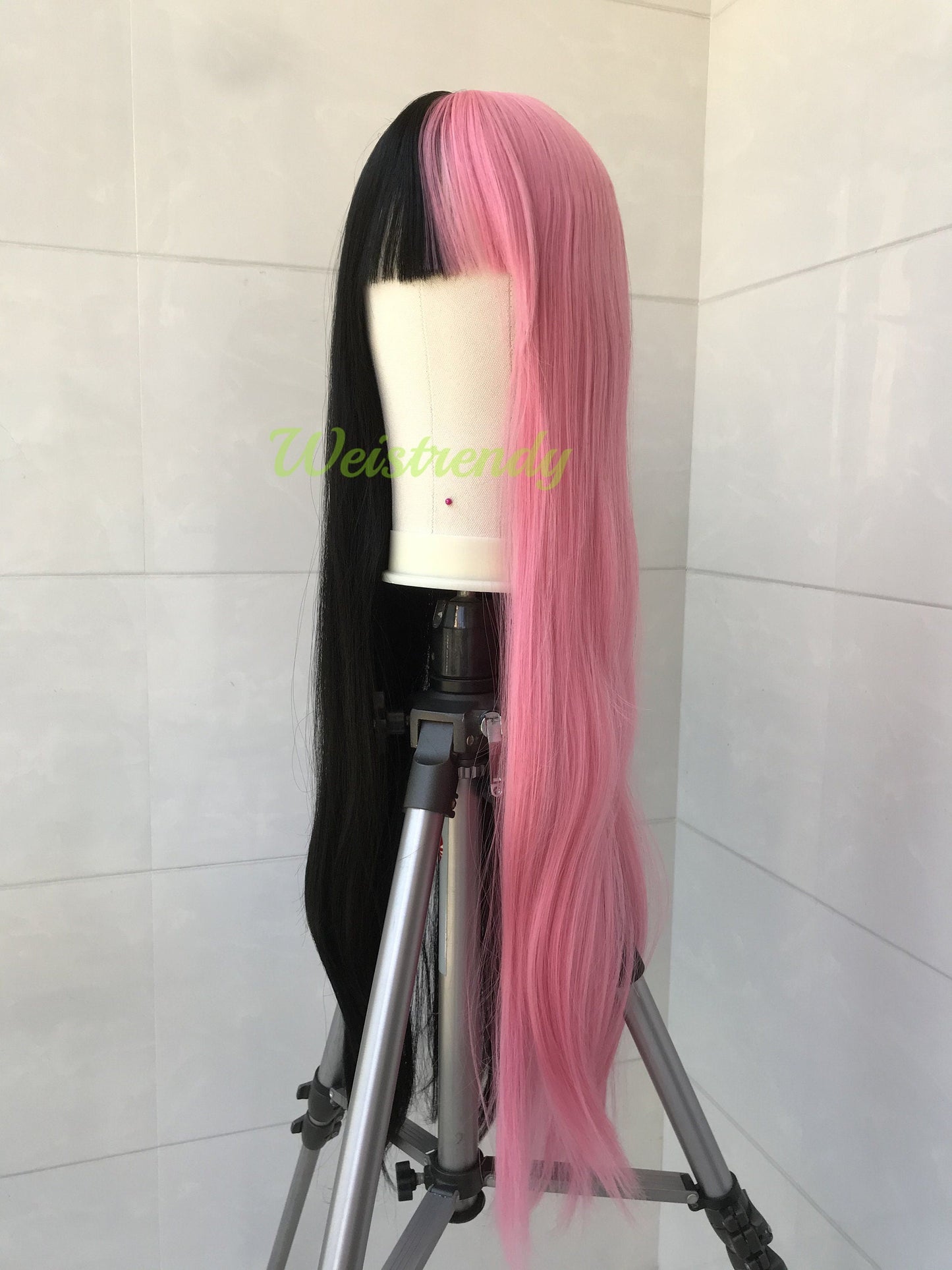 30in Split Dye Pink Black Long Straight Hair Premium Synthetic No Lace Wig with Bangs Heat Ok