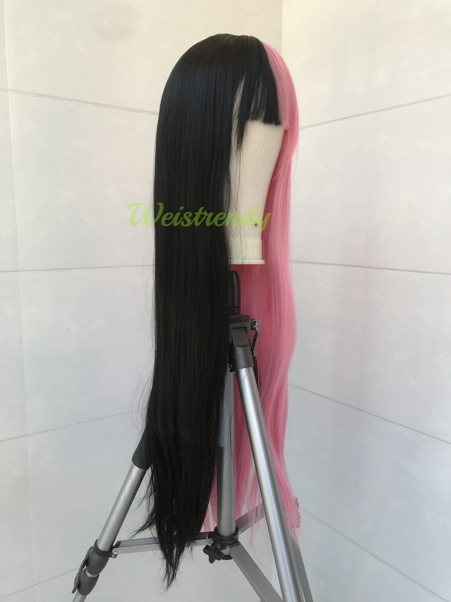 30in Split Dye Pink Black Long Straight Hair Premium Synthetic No Lace Wig with Bangs Heat Ok