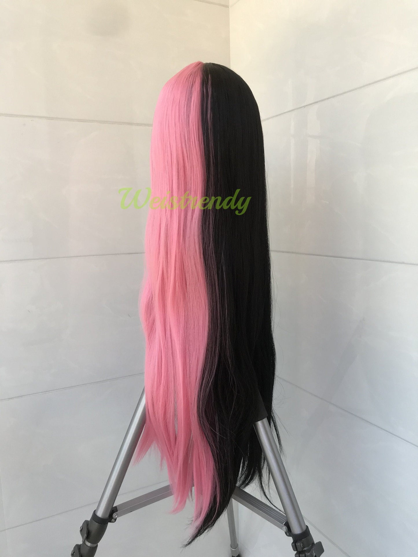 30in Split Dye Pink Black Long Straight Hair Premium Synthetic No Lace Wig with Bangs Heat Ok