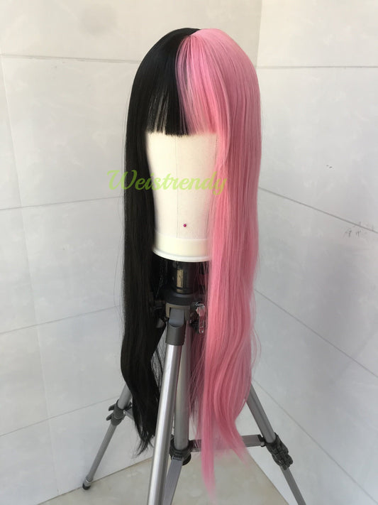 30in Split Dye Pink Black Long Straight Hair Premium Synthetic No Lace Wig with Bangs Heat Ok