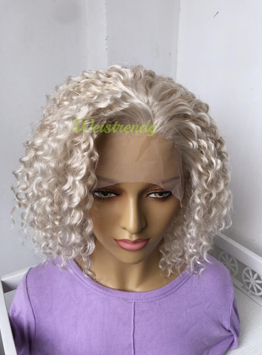 Mixed Platinum Blonde Short Curly Wavy Hair Wigs Synthetic Lace Frontal Wig Free Part