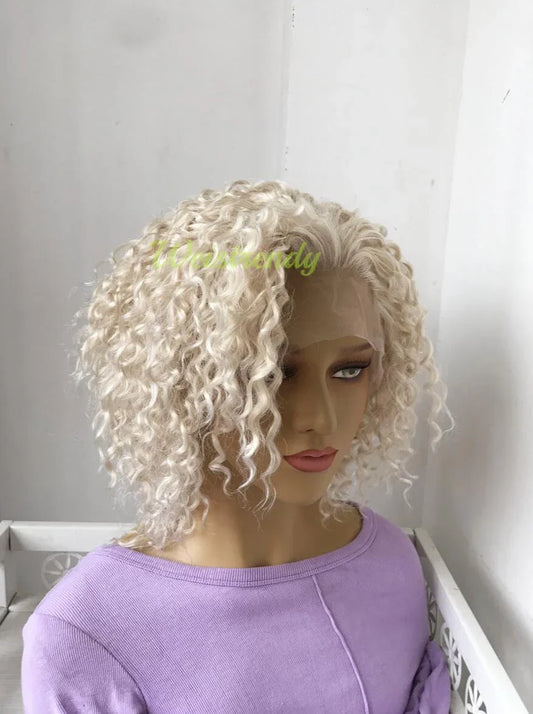 Mixed Platinum Blonde Short Curly Wavy Hair Wigs Synthetic Lace Frontal Wig Free Part