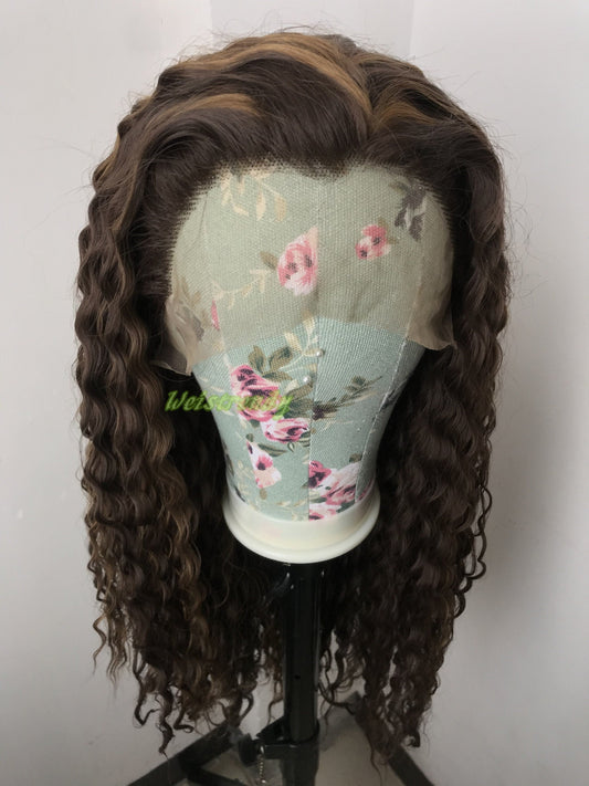 Mixed Brown Light Brown Highlights Long waves Hair Premium Synthetic Fibre Heat Safe Lace Frontal Wig
