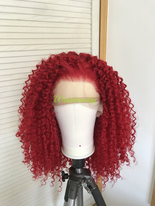 Dark Red Shade Long Spiral Curls Synthetic Lace Front Wig Heat Safe