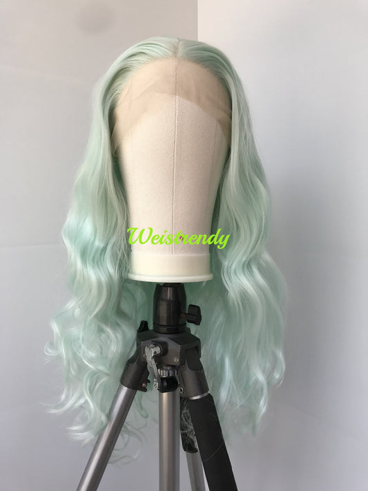 Mint Green Pastel Green Long Curls Wavy Hair Premium Synthetic Swiss Lace Front Wigs Heat Safe