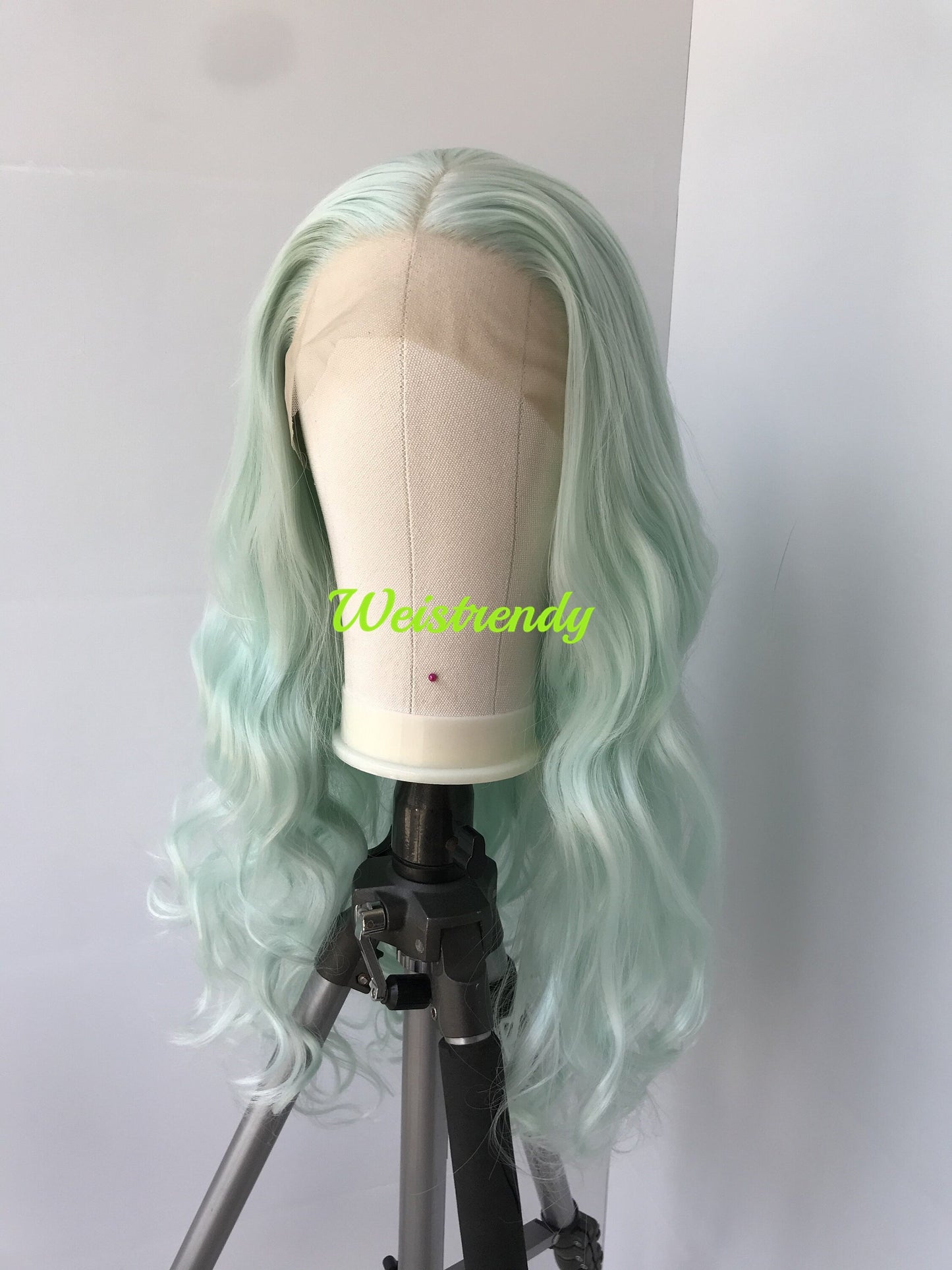 Mint Green Pastel Green Long Curls Wavy Hair Premium Synthetic Swiss Lace Front Wigs Heat Safe