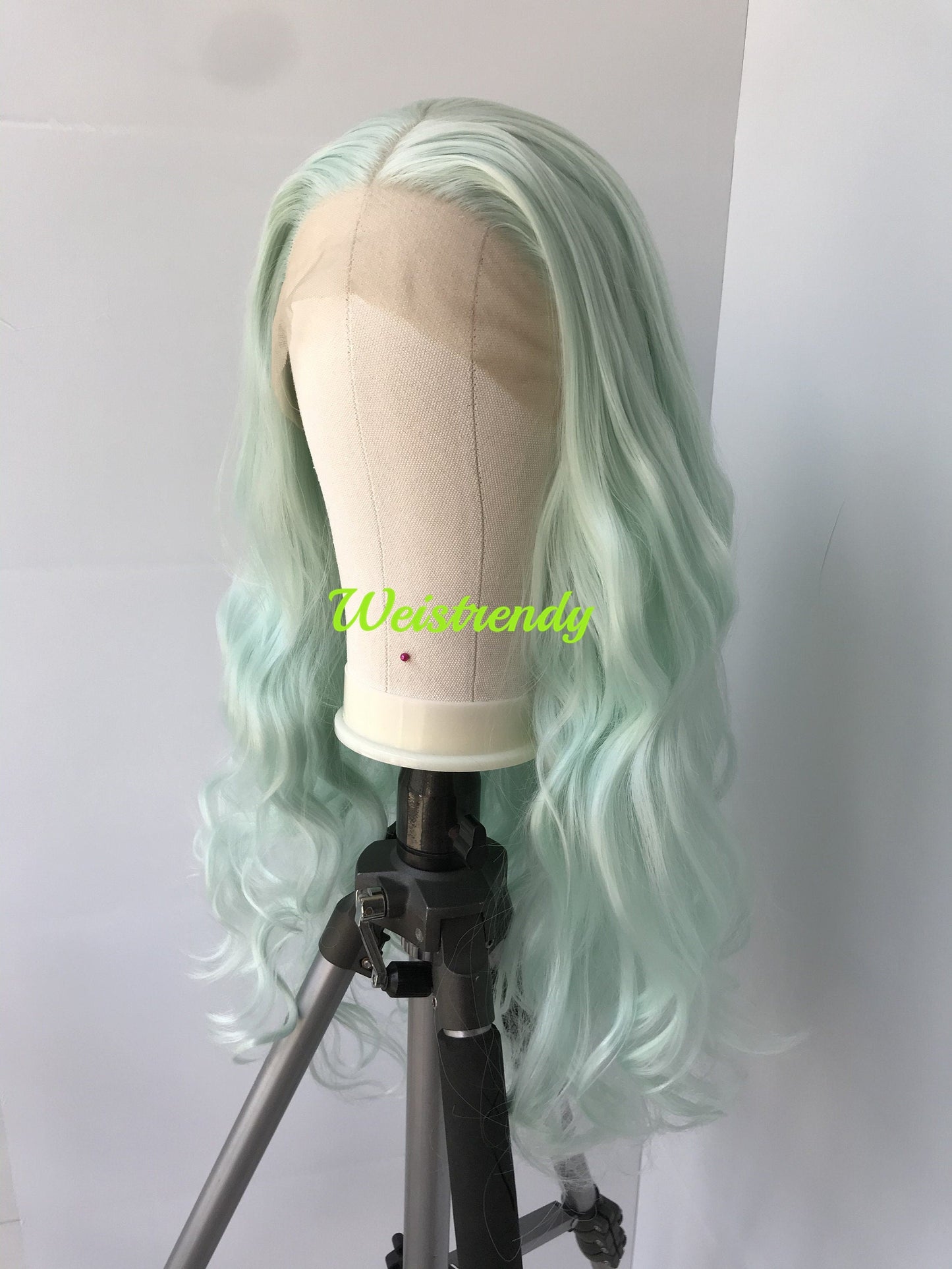 Mint Green Pastel Green Long Curls Wavy Hair Premium Synthetic Swiss Lace Front Wigs Heat Safe
