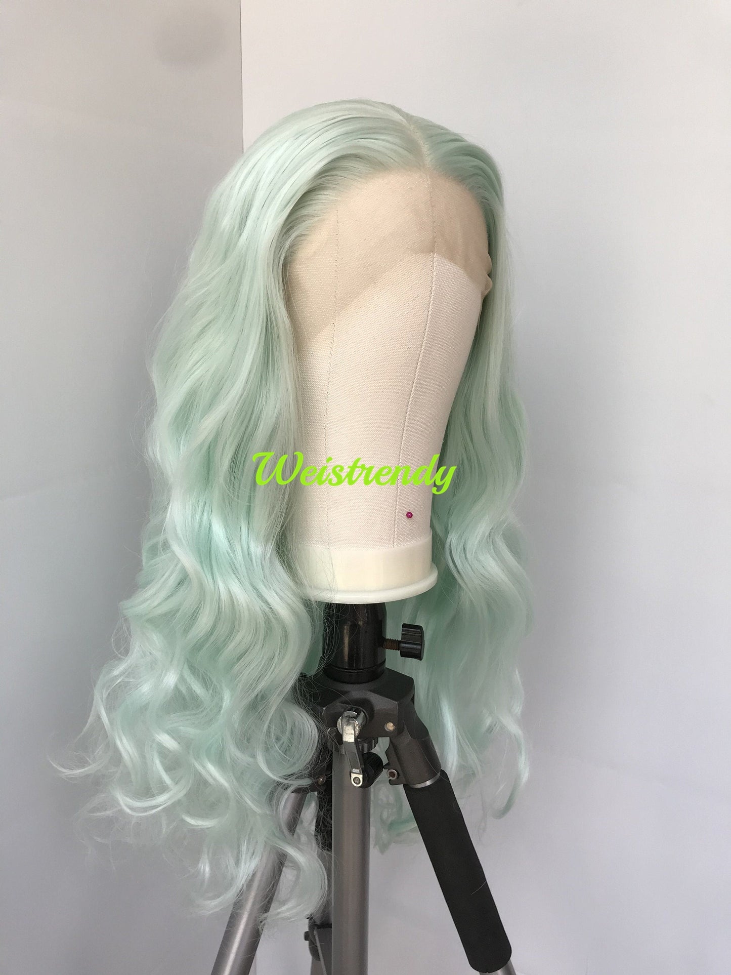 Mint Green Pastel Green Long Curls Wavy Hair Premium Synthetic Swiss Lace Front Wigs Heat Safe