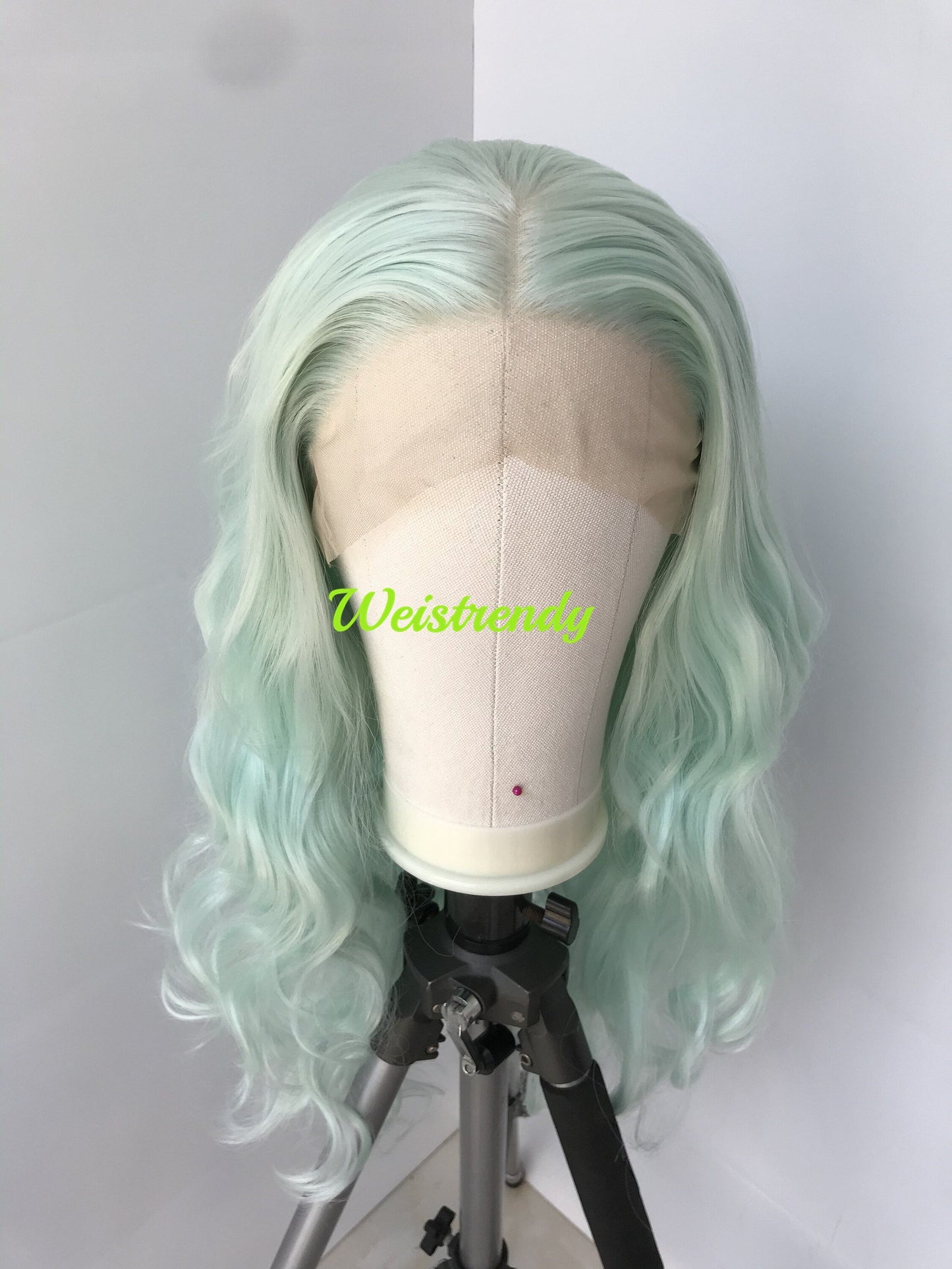 Mint Green Pastel Green Long Curls Wavy Hair Premium Synthetic Swiss Lace Front Wigs Heat Safe