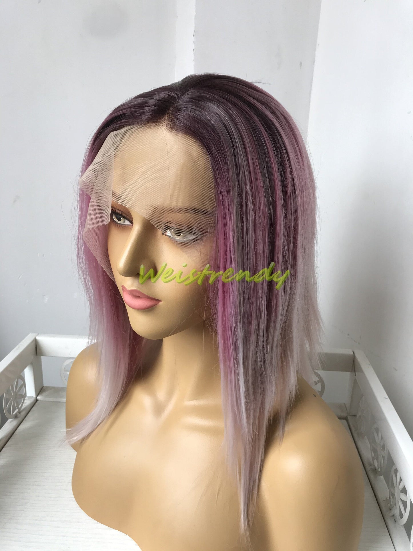 Rooted Blush Pink OmbreShort Straight Hair Premium Synthetic Lace frontal Wig Heat Safe Side Parting