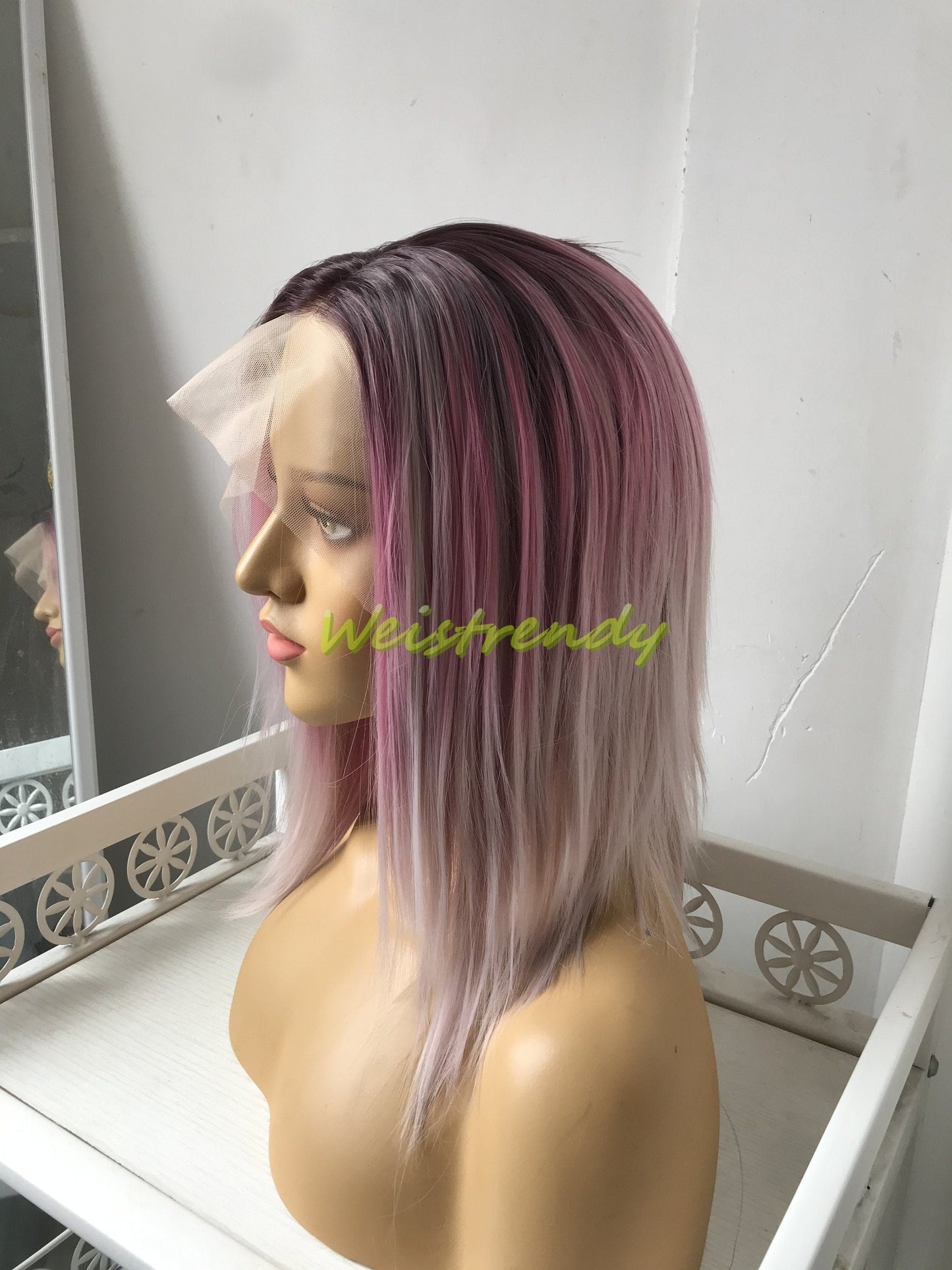 Rooted Blush Pink OmbreShort Straight Hair Premium Synthetic Lace frontal Wig Heat Safe Side Parting