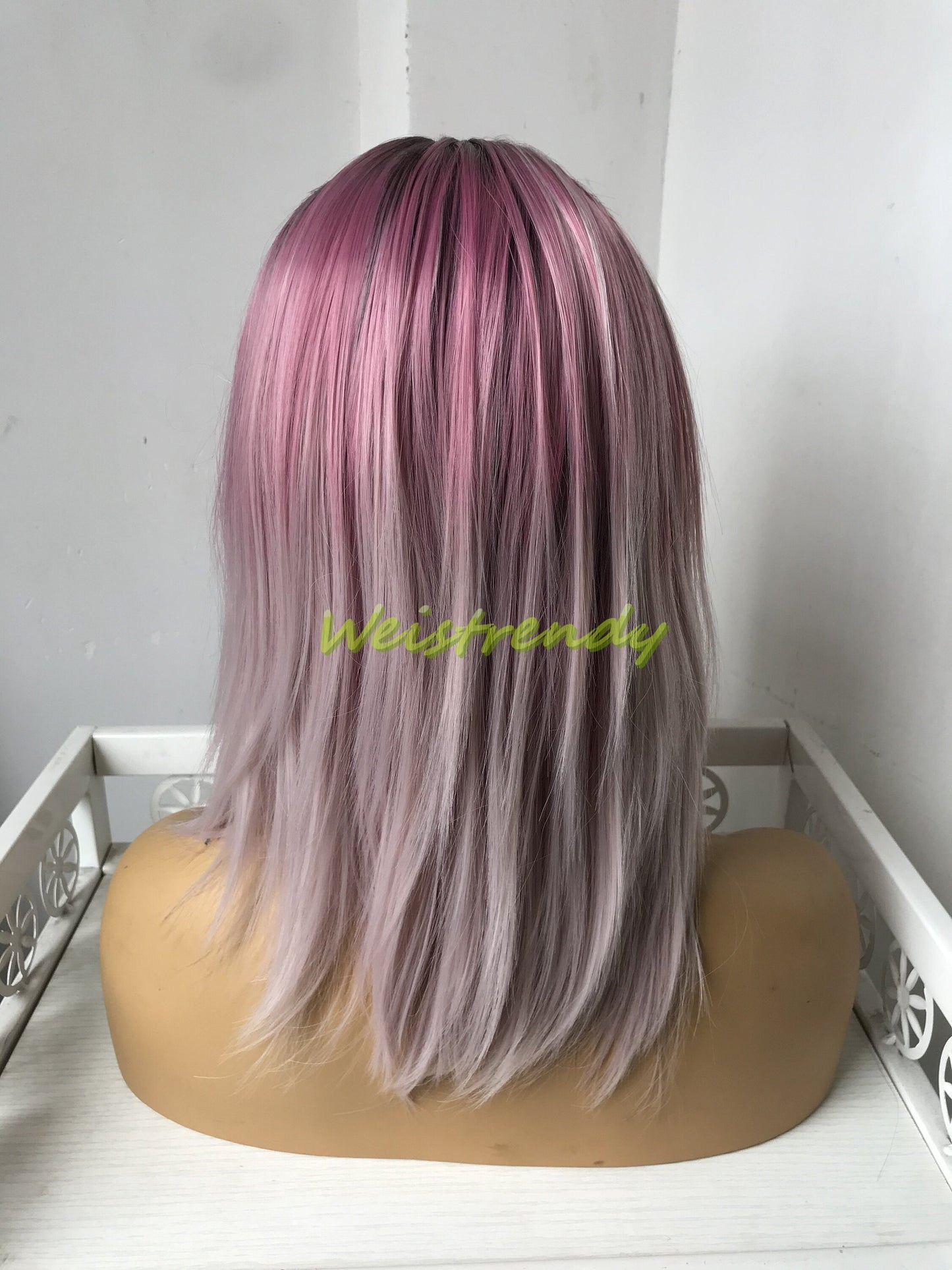 Rooted Blush Pink OmbreShort Straight Hair Premium Synthetic Lace frontal Wig Heat Safe Side Parting