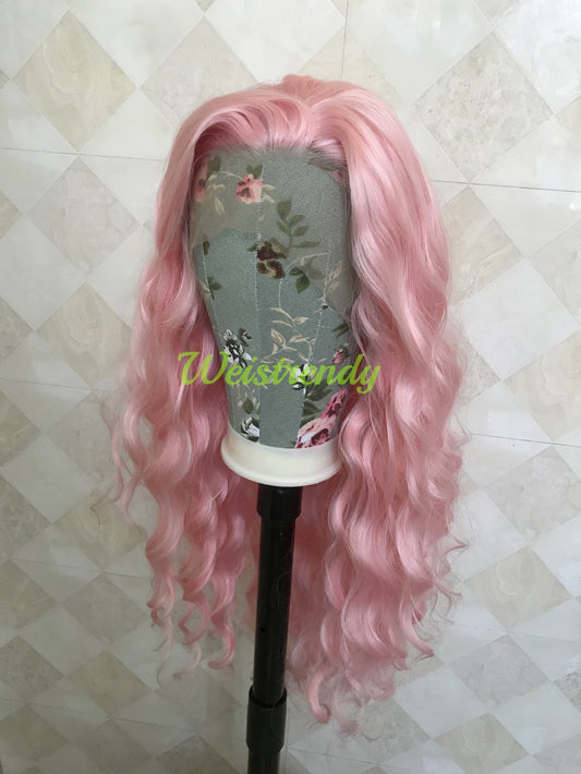 Baby Pink Long Curls Waves Premium Synthetic Soft Swiss Lace Front Wig