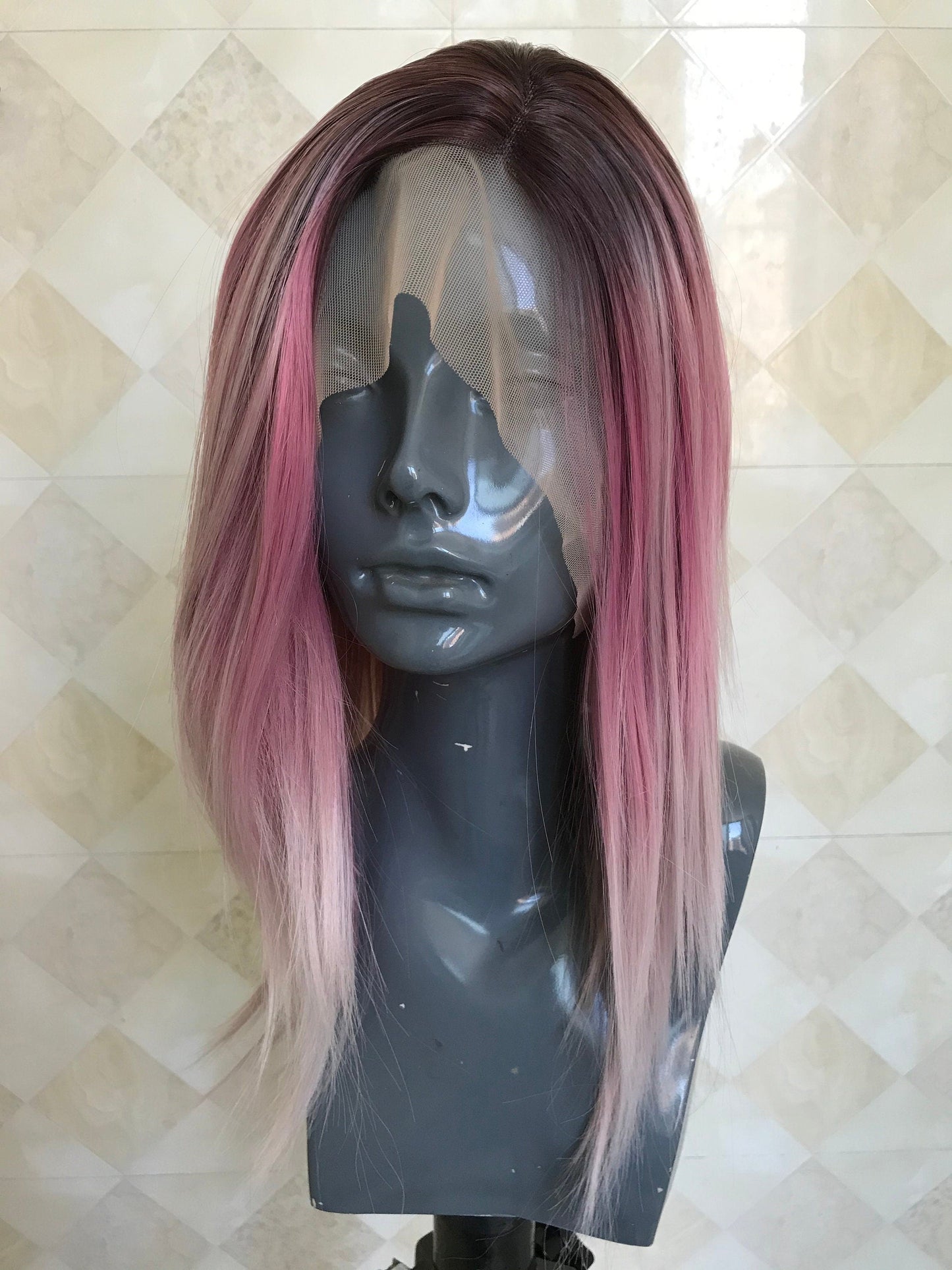 Rooted Blush Pink OmbreShort Straight Hair Premium Synthetic Lace frontal Wig Heat Safe Side Parting